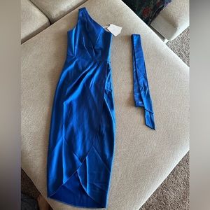 Ted Baker bright blue satin one shoulder dress. Size 0. Never been worn.